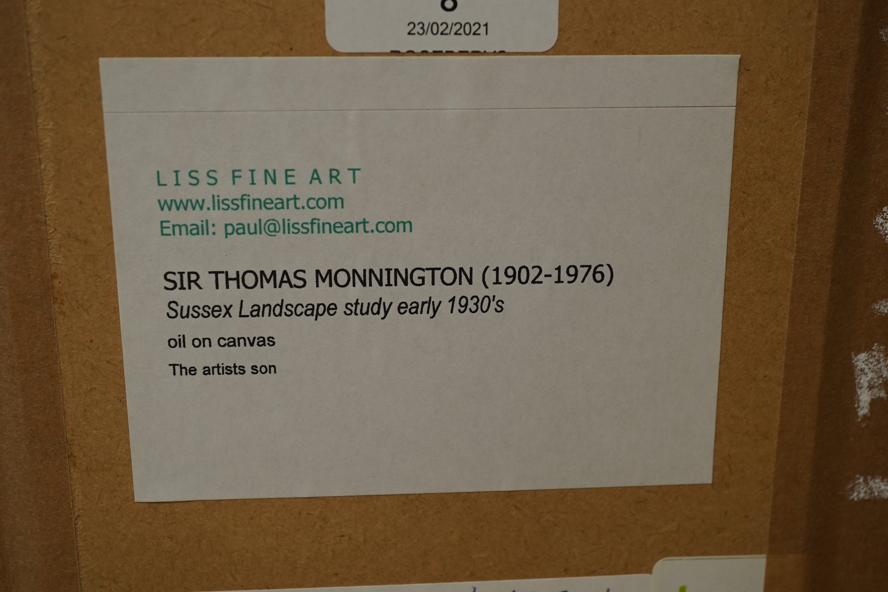 Sir Walter Thomas Monnington PRA (1902-1976), oil on canvas, ‘Sussex landscape’, label and details verso, 17.5 x 12cm. Condition - good